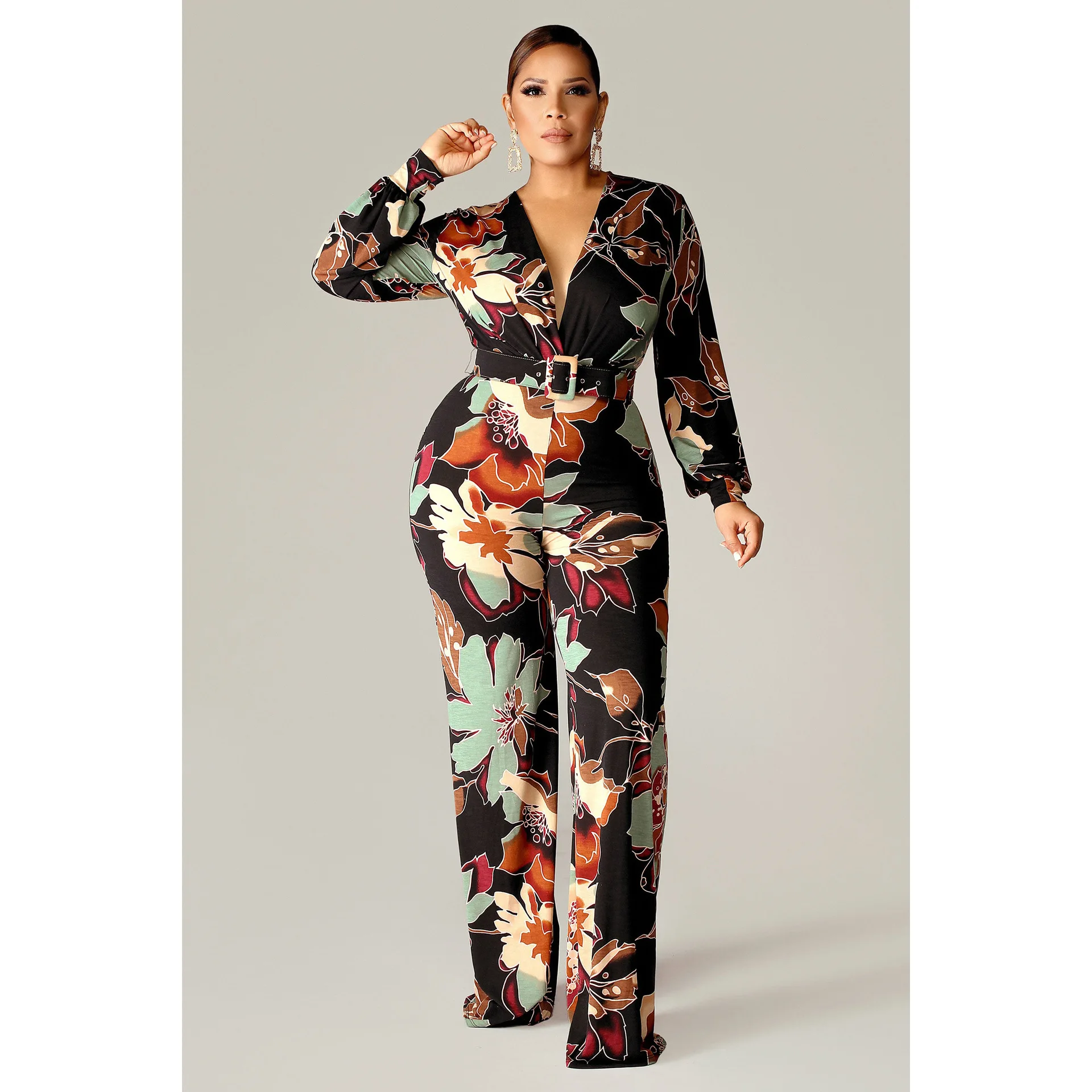 European and American spring and autumn printed jumpsuit fashion deep V -neck sexy high waist wide -leg jacket