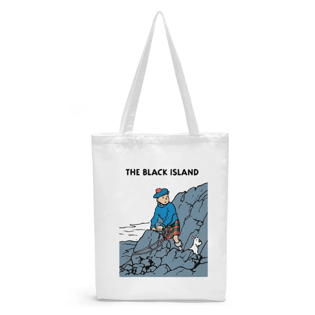 

Black Island Canvas Shopper Handbag The Adventures of Tintin Anime Shoulder Bags Men Women Storage Pocket Kawaii Pouch Tote Bag