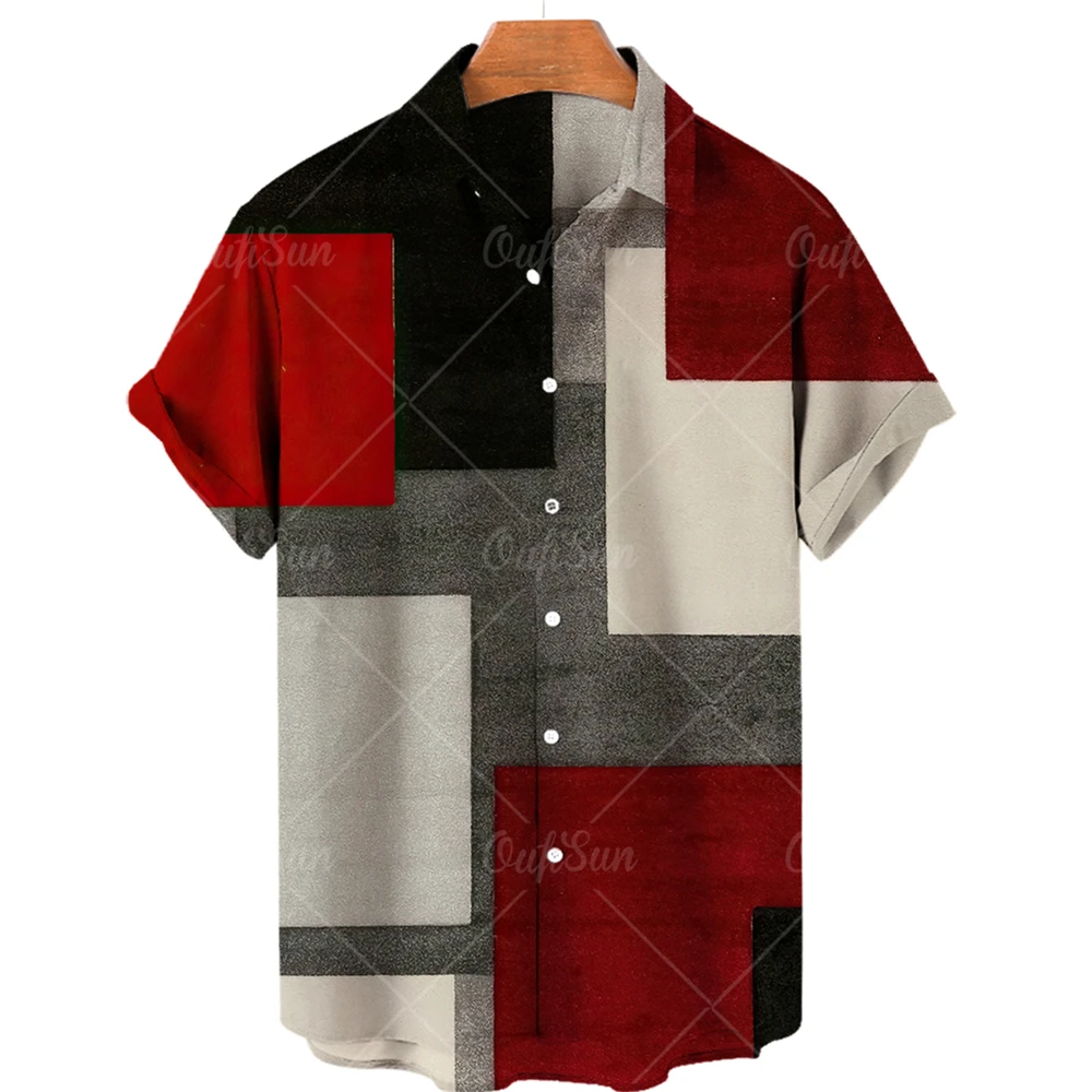 Men's Oversized Short Sleeve Hawaiian Shirt 3D Printed Patchwork Contrast Short Sleeve Striped Casual Loose Shirt Large 5XL