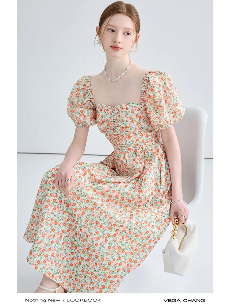 

Женское слитное платье во французском стиле, элегантное ТРАПЕЦИЕВИДНОЕ плиссированное платье до икры с квадратным вырезом и пышными рукавами, в стиле ретро, с цветочным принтом, 2023
