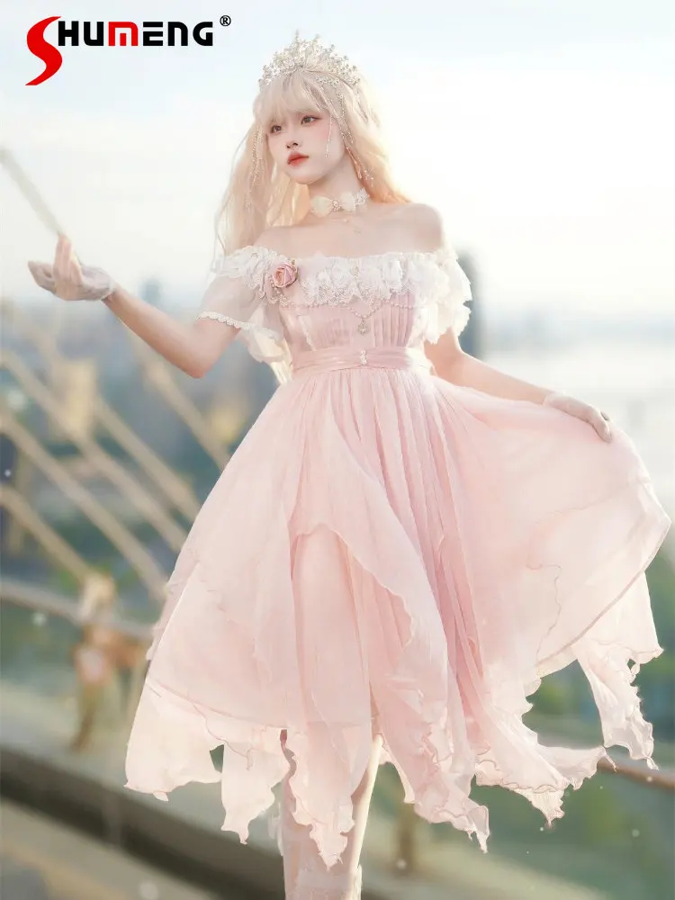 Lolita Sweet Irregular Petal Off-the-Shoulder Pink Dress Woman Two-Way Wear Elegant Cute Mid-length Dresses with Flower Brooch