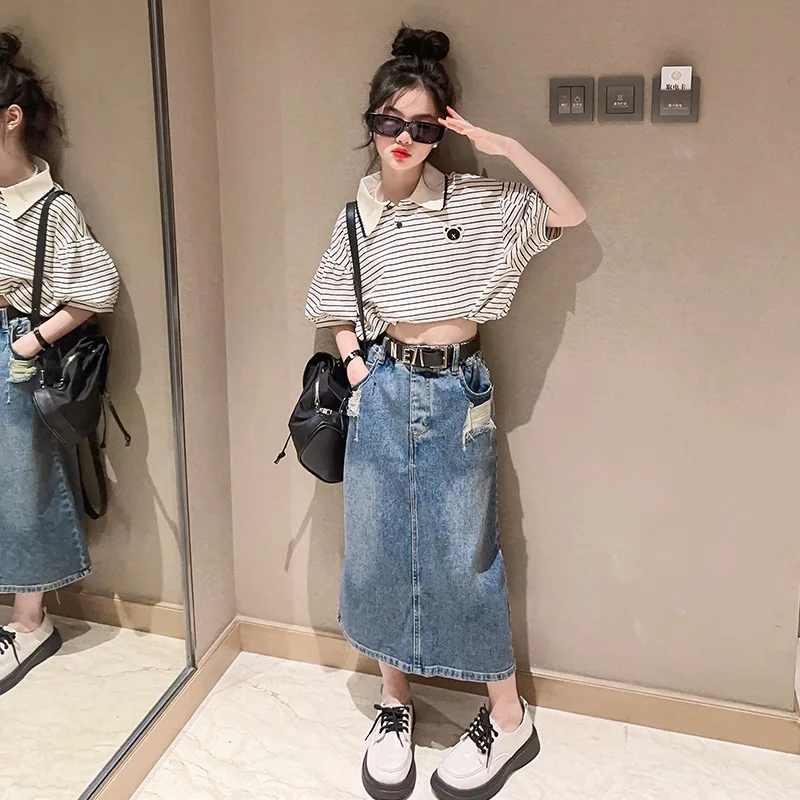 

2 шт./комплект, футболка с коротким рукавом и джинсовая юбка