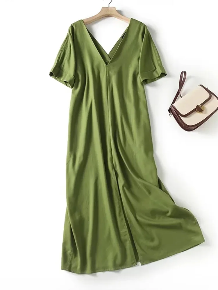 

TRAF 2023 Summer New Women's Blended Solid Color Casual Dress V Neck Fashion Loose Dress Bohemian Vacation Dress Elegant