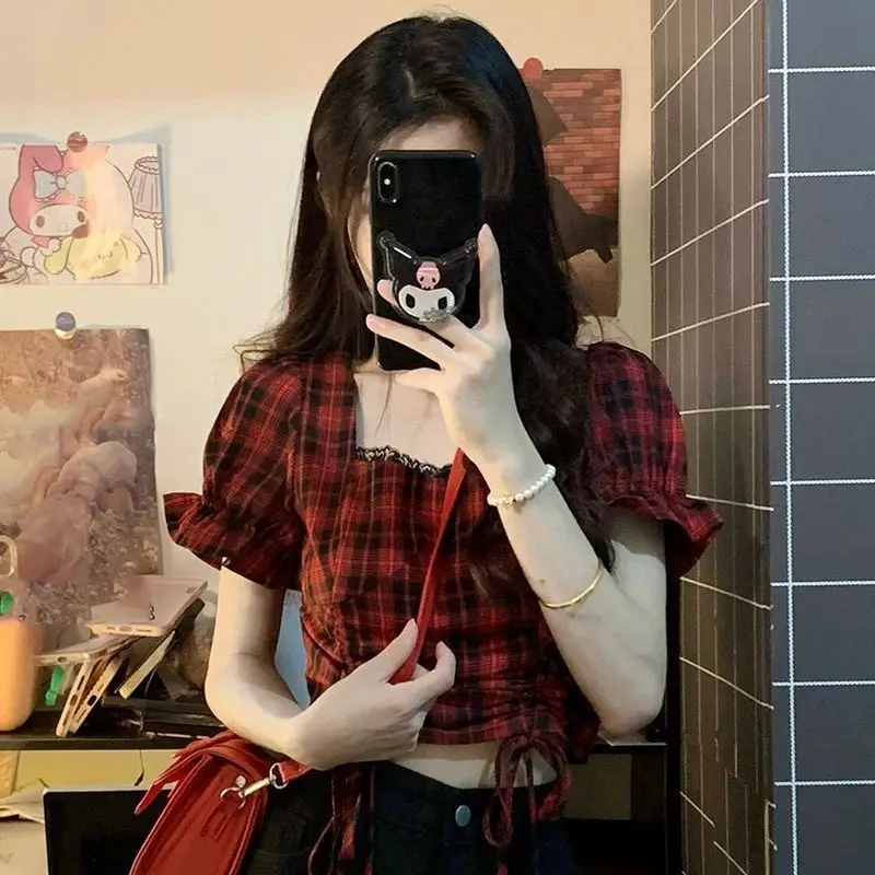 

Летняя нишевая Дизайнерская Женская Футболка с рукавами-фонариками, подходящий ко всему облегающий кроп-топ в Корейском стиле, женская одежда