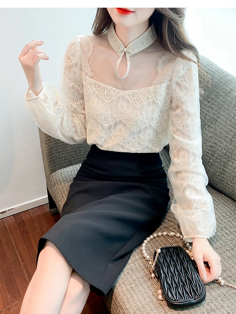 

Женская осенне-зимняя блузка с воротником-стойкой, сетчатая, мозаичная, абрикосовая рубашка, приталенный тонкий пуловер, кружевная блузка с длинным рукавом D2507