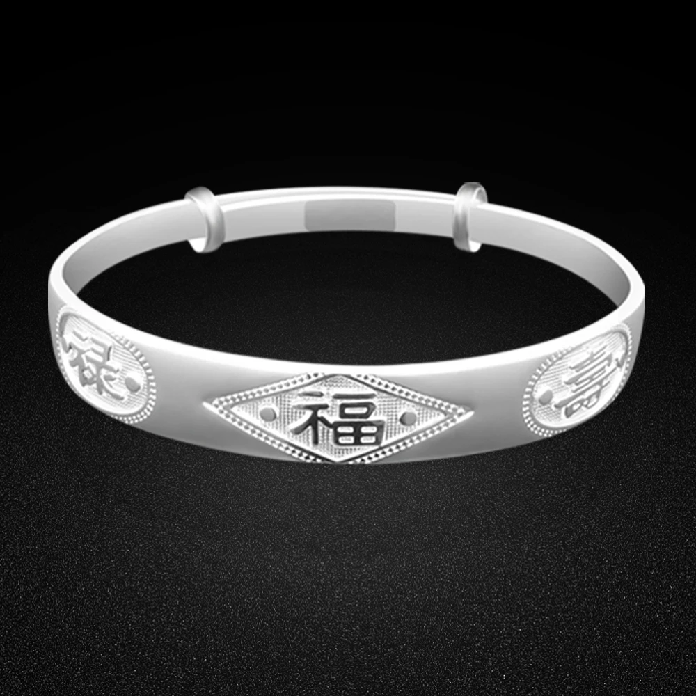 

Solid 925 Sterling Silver Bangles for Women Blessing Silver Lucky Character Elaborate Bracelets Wholesale Jewelry