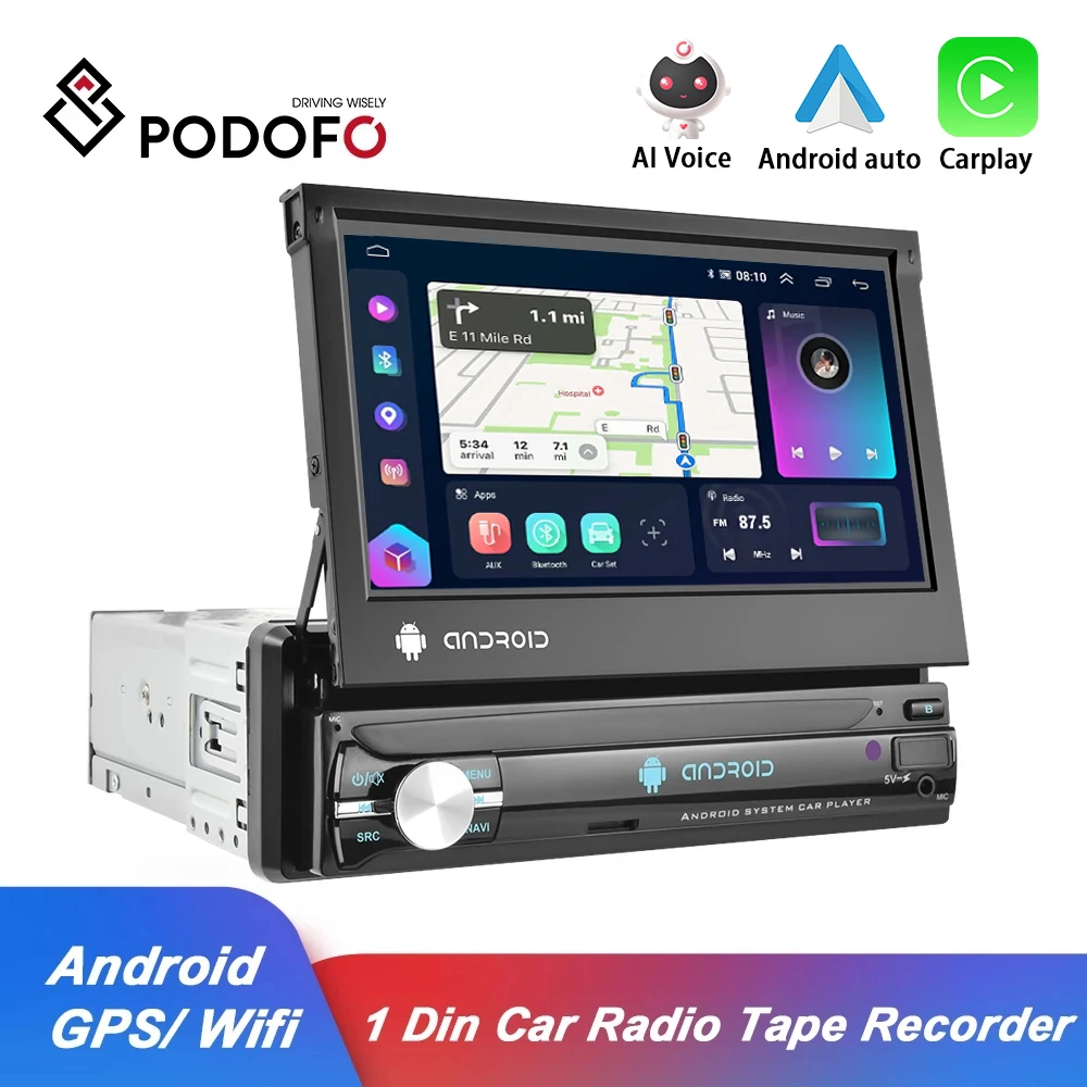 Podofo Android 1 Din Car Radio Tape Recorder GPS Navigation 7" HD Retractable Screen Multimedia Video Player Audio Stereo NO DVD
