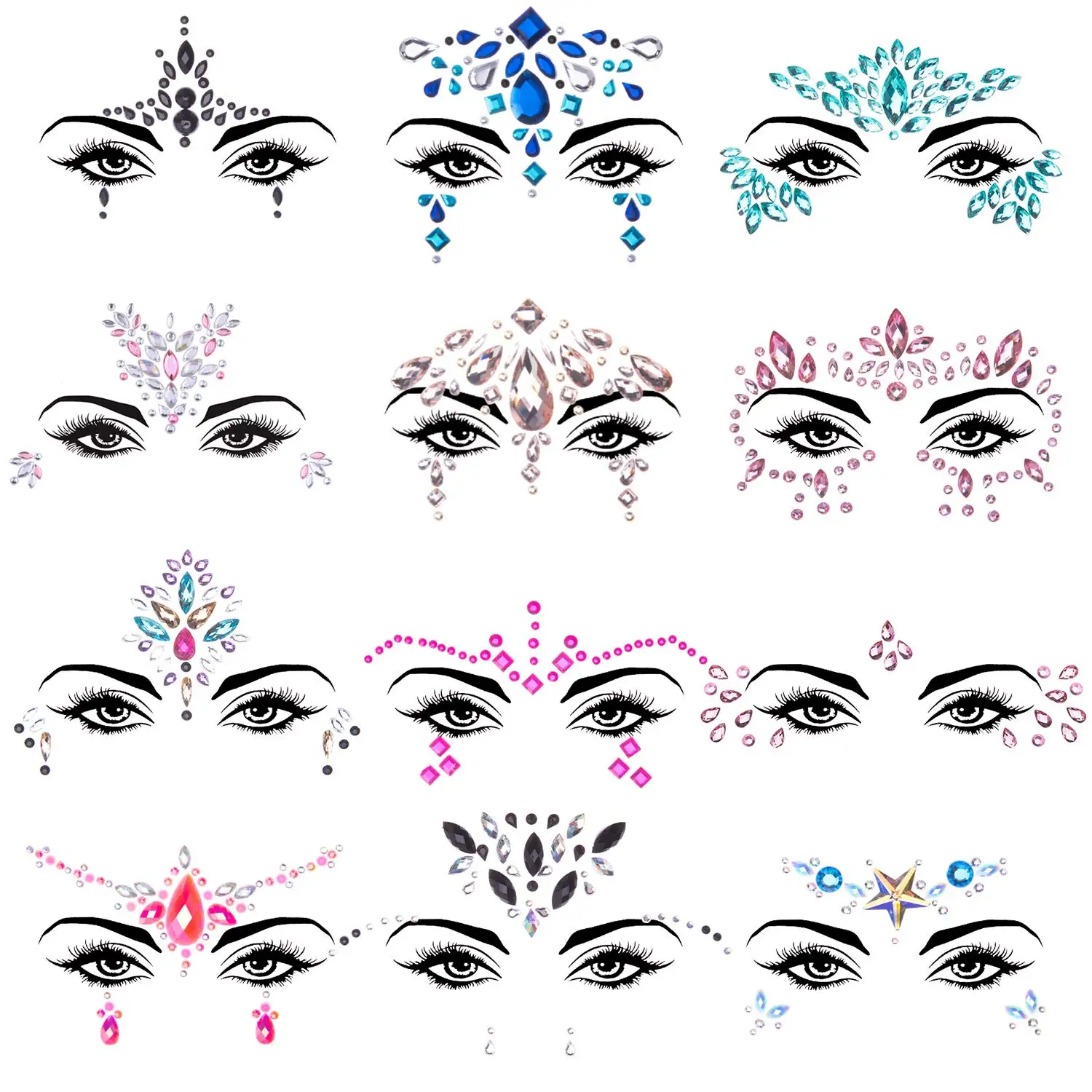 6 Sets Face Gems Stick Jewels for Women Cosplay Mermaid Halloween Club Costume Face Gems Sticker on Rave Party Gift for Kids