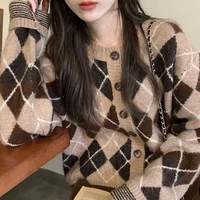 argyle cardigan women knitted sweater loose single breasted students v neck lovely knitwear korean oversize cardigan winter tops