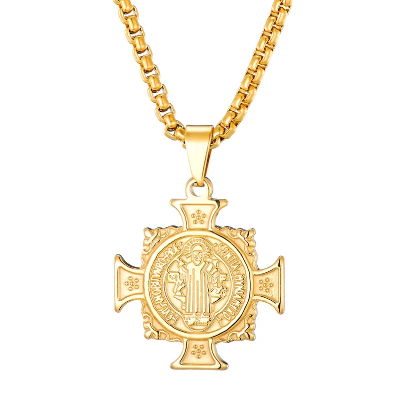 

Women's Stainless Steel San Benito Medal Necklace For Women Gold Metal St Benedict Cross Necklaces Choker Religious Jewelry