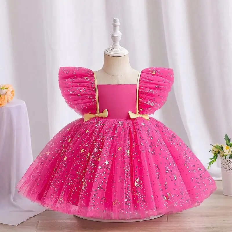 

Элегантное платье с оборками для маленьких девочек, платье принцессы с блестками и звездами, фатиновое платье-пачка для первого дня рождения, женское свадебное вечернее платье