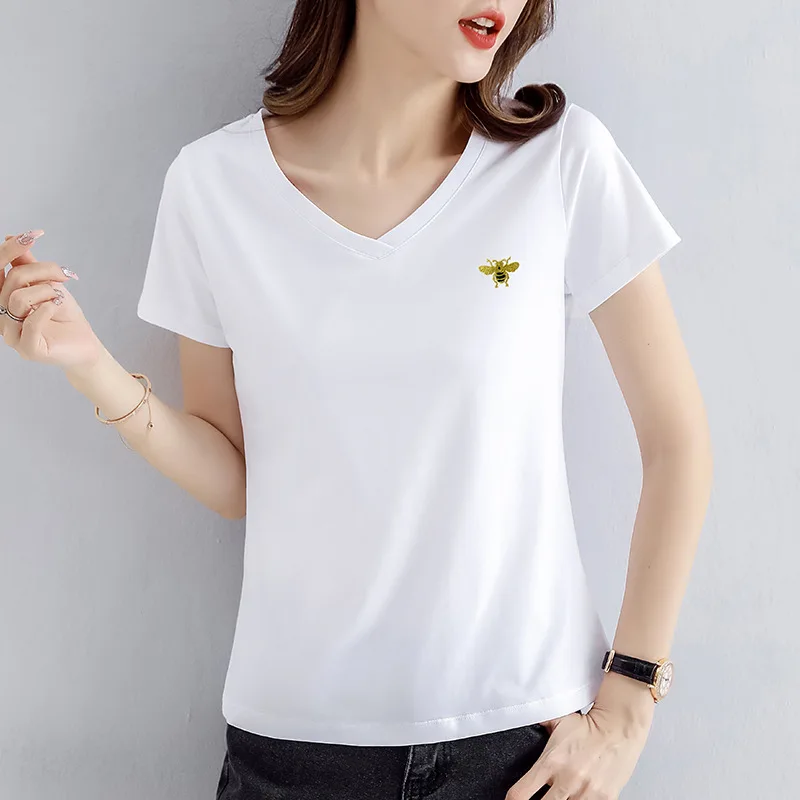 

V-neck Short Sleeve T-shirt Women's 2022 New Fashion Summer Thin Pure Cotton White Short Thin Top Body Shirt