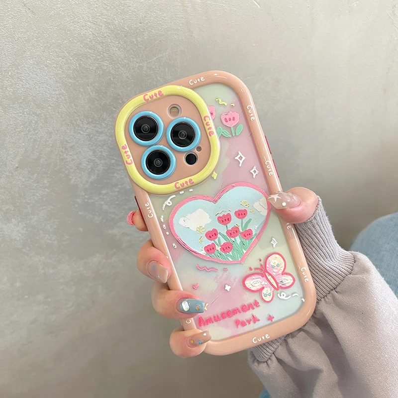 

Cartoon Art Ink Painting Butterfly Flower Case For iPhone 11 13 14 12 Pro Max Soft Bumper Shockproof Hard Back Cover