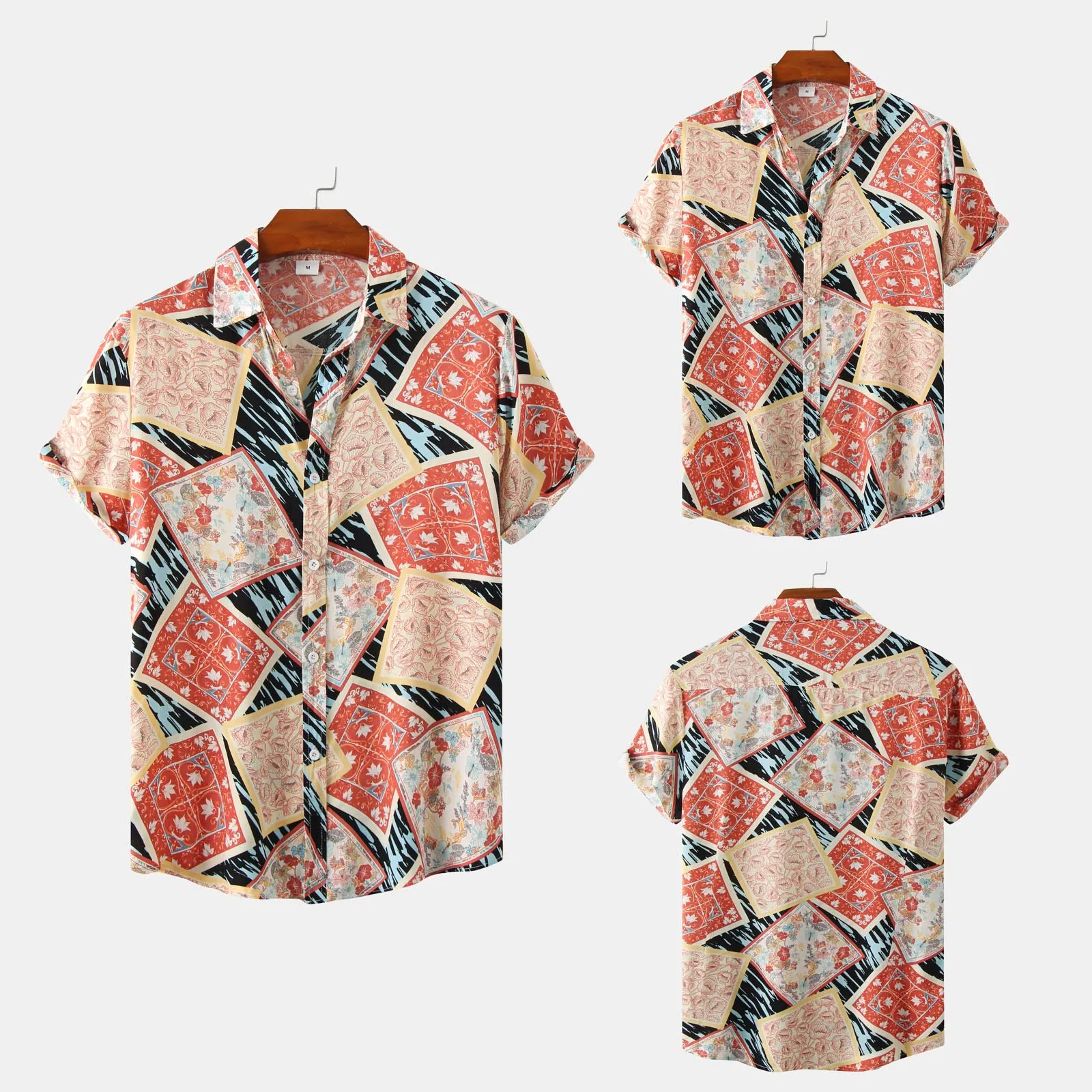 

Print Long Sleeve Mens Fashion And Leisure Printing Buckle Lapel Short Sleeve Shirt Top
