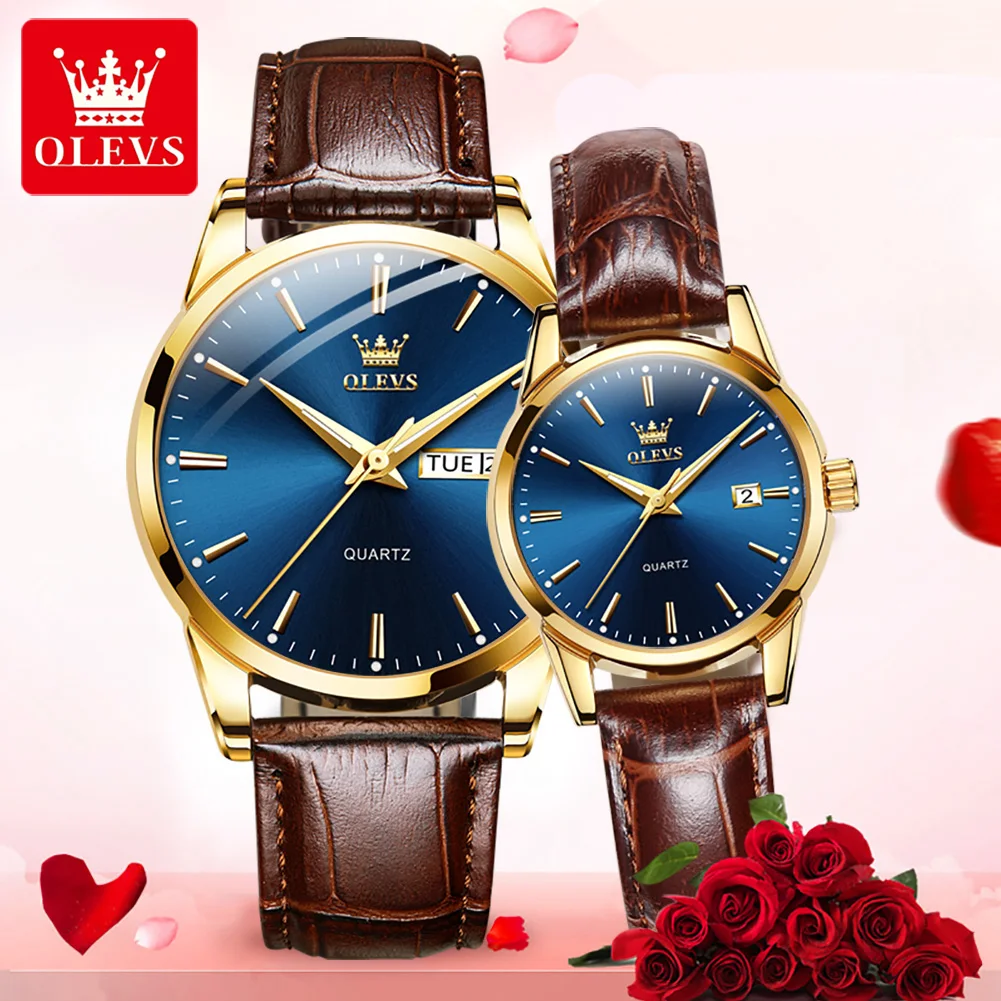 OLEVS Top Brand Couple Quartz Watches for Men Women Dress Fashion Leather Watch with Week Date Luminous Hands Lovers Wristwatch