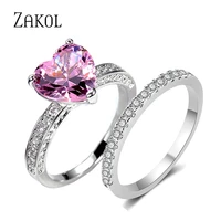 zakol romantic pink heart cut cubic zircon wedding ring set for women geometry bride engagement jewelry band eternity gift