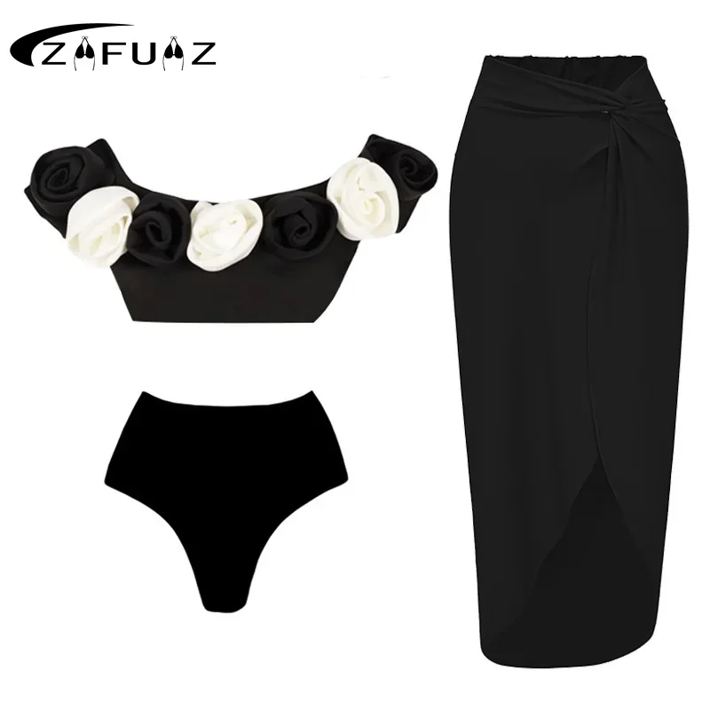 

2024 Sexy 3D Flower Bikini Set High Waist Two Piece Off Shoulder Swimsuit Skirt Women Swimwear Brazilian Biquini Bathing Suit