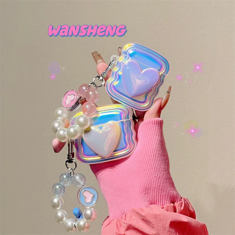 

For apple Airpods 3rd gen Case Earphone Cover Cute Wave Gradient Laser TPU Headset Box for AirPods 1 2 Pro With Pearl Keychain