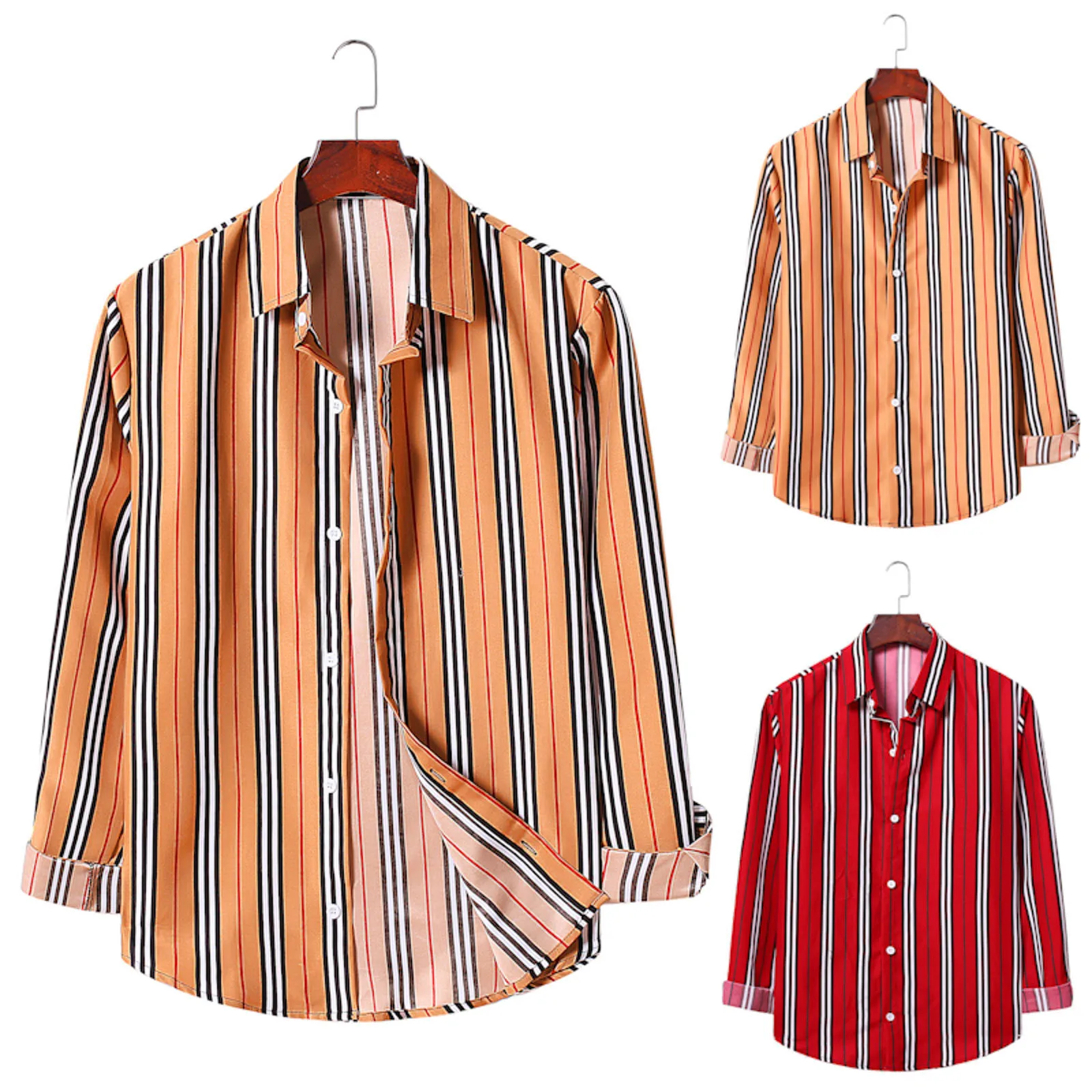 

Рубашка мужская с отложным воротником и длинным рукавом, повседневная сорочка в контрастную полоску, офисная блуза с отложным воротником, о...