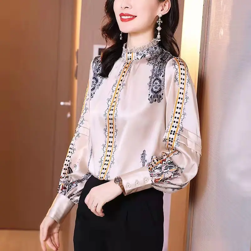 

Женская рубашка с длинным рукавом, рубашка с принтом в стиле ретро, топ из искусственного шелка с рукавами-фонариками, весна-осень 2022