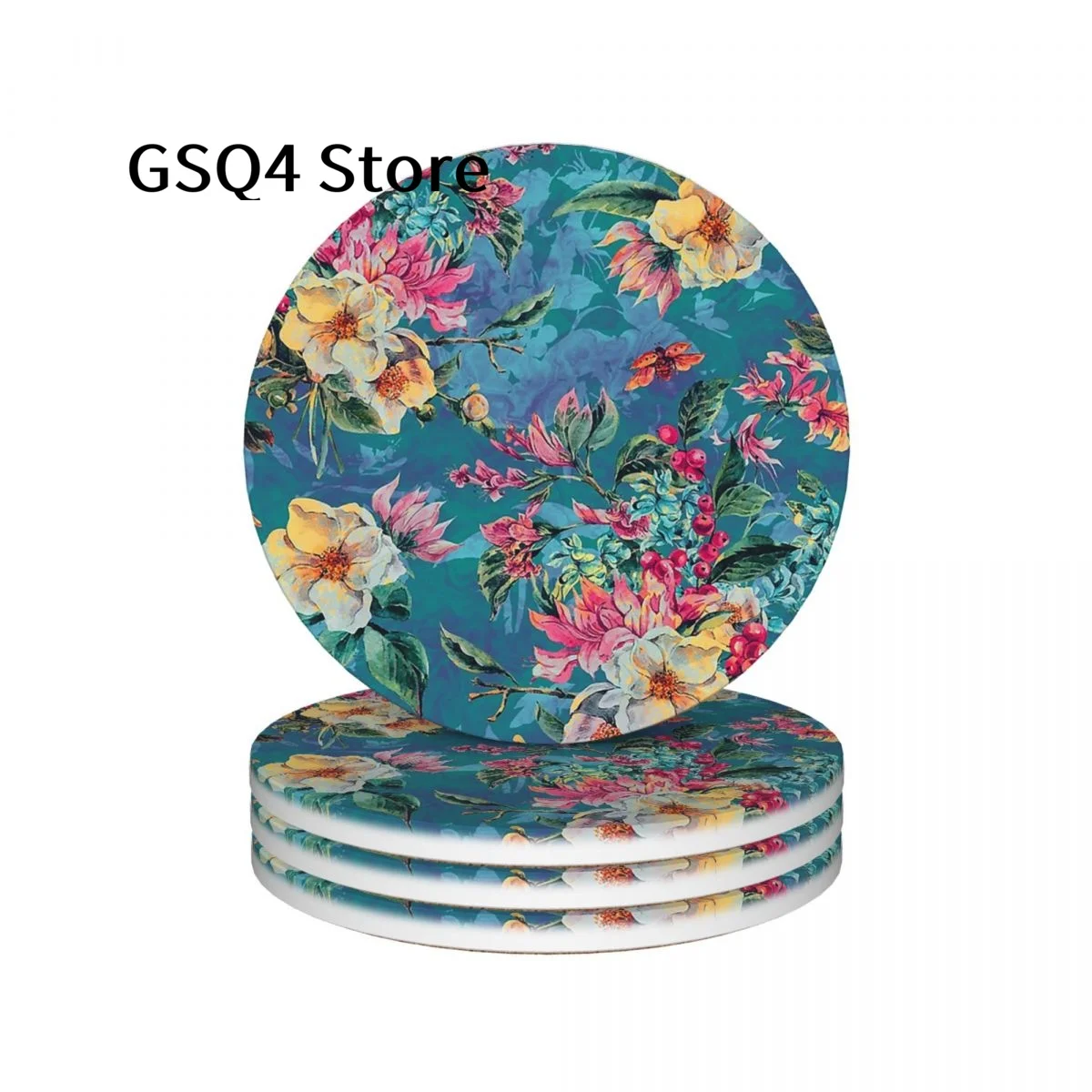 

Floral Blue Coasters of Drinks Set of 4 Cup Holders Water Absorbing Ceramic Drinks Coaster for Home Kitchen Gift Decor