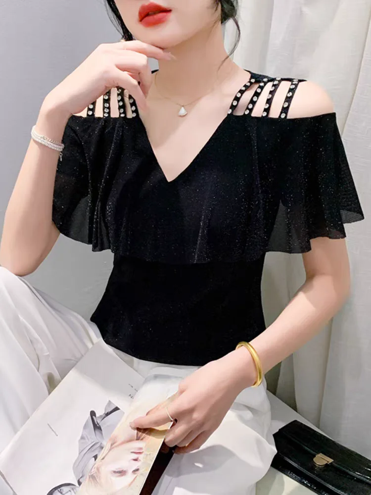 Летняя женская блузка с V-образным вырезом блестящие сетчатые футболки оборками