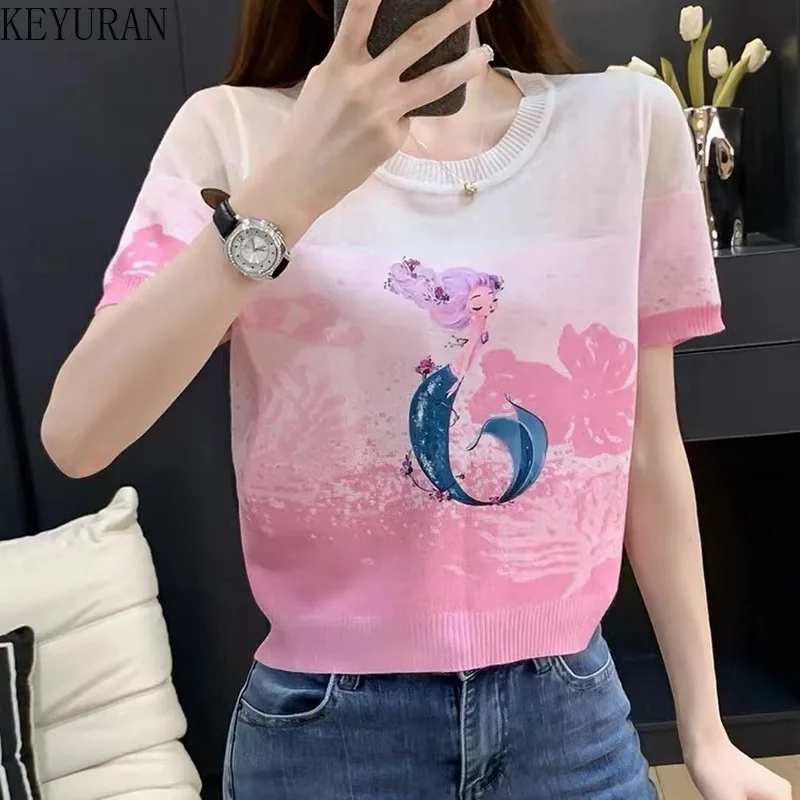 

Pink Print Thin Knitted T Shirt Women Crop Tops 2022 Summer Short Sleeve Sweater Tees Casual Woman T-Shirt Female Tshirt Femme
