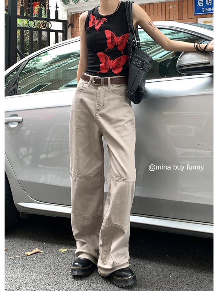 

Vintage Apricot Cargo Pants Baggy Jeans Women Casual High Waist Streetwear Pockets Straight Wide Leg Trousers y2k Denim Overalls