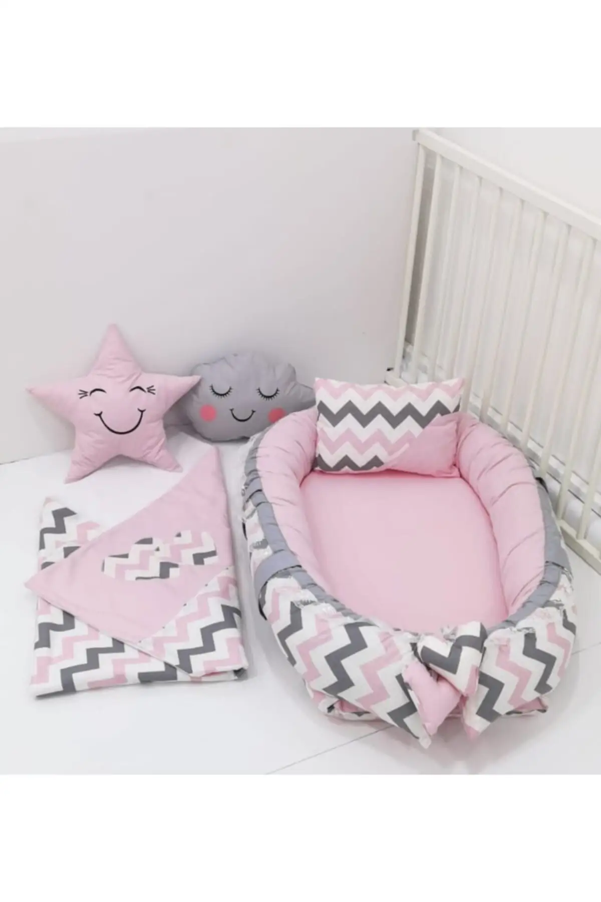 Babynest Zigzag Pattern Mother Yanı Baby Bedding Blanket, Pillow 5 of Suit, pink Park Bed & Playpen Child