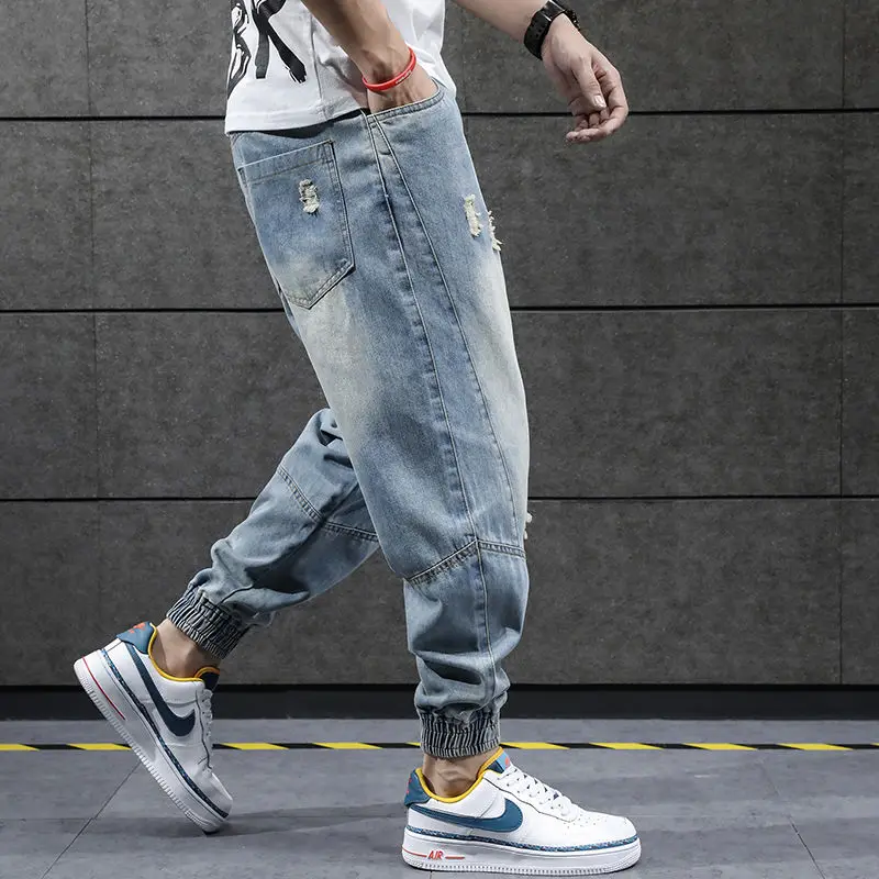 Summer Ripped Jeans Men's Fashion  Loose Korean Elastic Waist Ankle-Length Harem Denim Jeans for Men Ripped Trousers