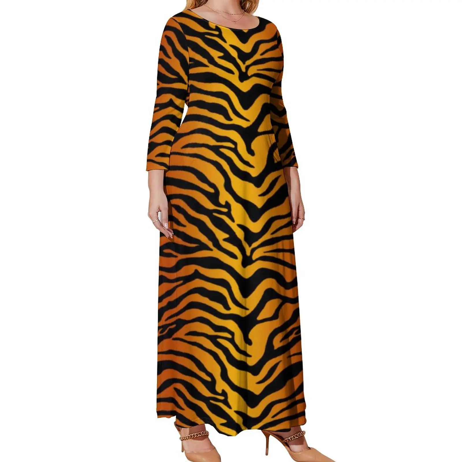 

Tiger Stripe Print Leggings Dress Korean Fashion Boho Beach Dresses Lady Long Sleeve Elegant Maxi Dress Daily Plus Size Vestido