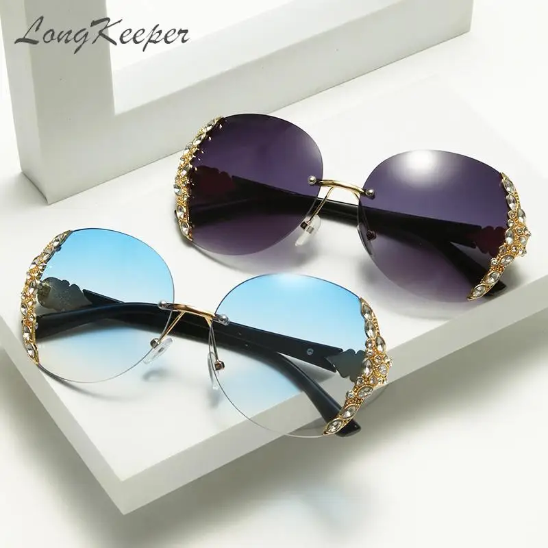 

Longkeeper Brand Design Oversized Rimless Punk Sunglasses Women 2022 Vintage Rhinestone Gradient Sun Glasses Female Uv400 Shades