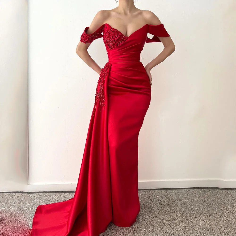 

Satin Formal Party Dress 2022 V-Neck Off-The-Shoulder Mermaid Prom Gowns Pleat Lace Applique Elegant Long Sexy Evening Dresses
