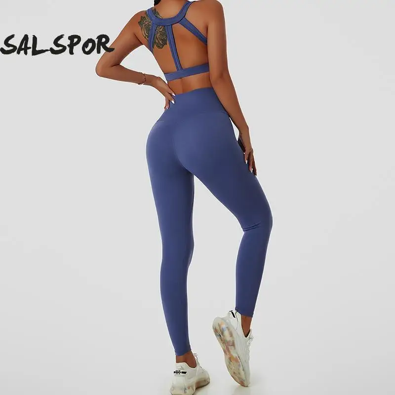 

SALSPOR Sports Suit Naked Feeling Yoga Outfit Hollow Beautiful Back Running Bra Butt Lift Fitness Pants Quick-Drying Gym Wear