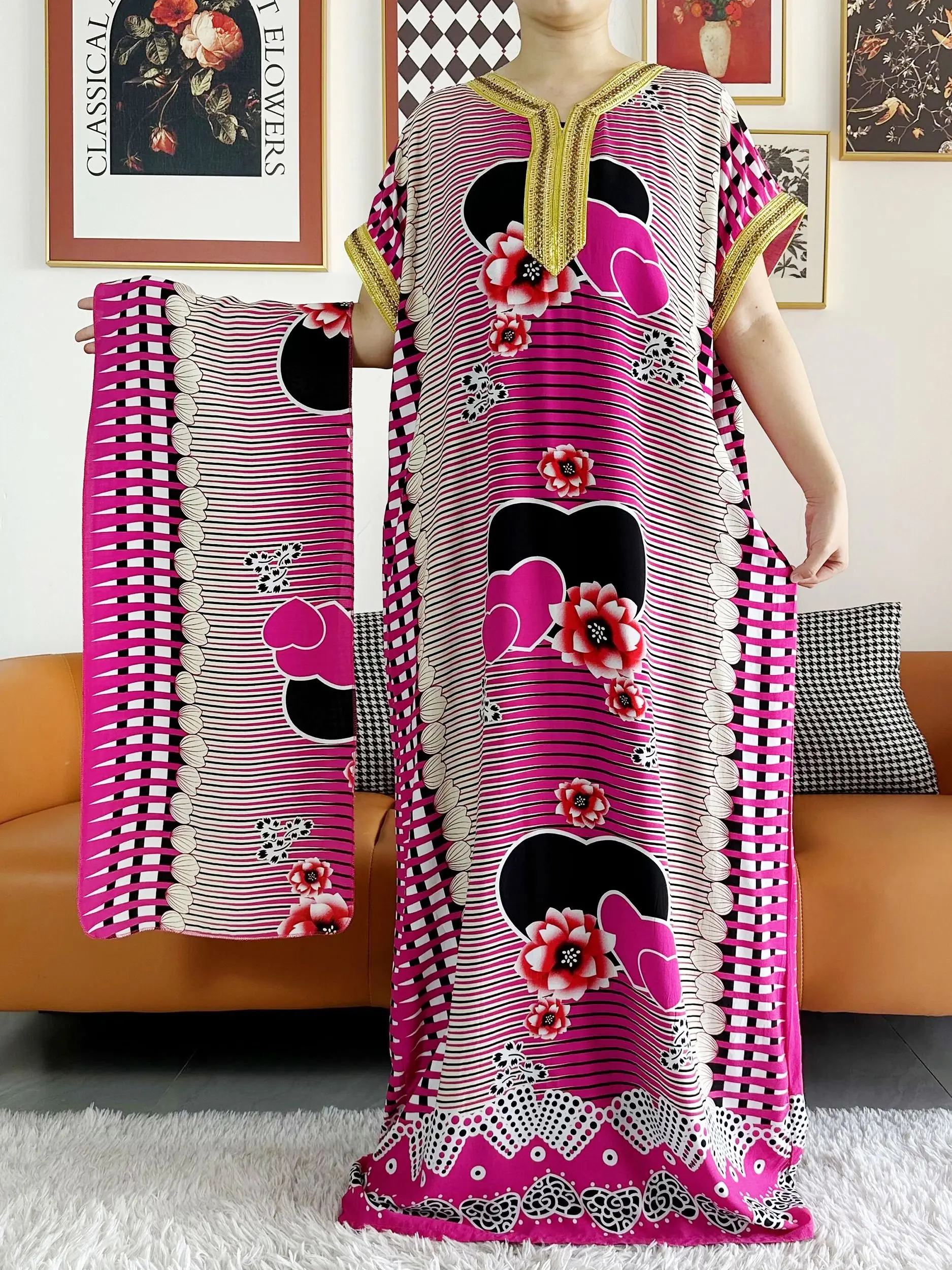 

Новинка 2023, летние женские платья с коротким рукавом, абайя, свободные платья Дашики с цветочным принтом, элегантное женское платье из 100% хлопка с вышивкой