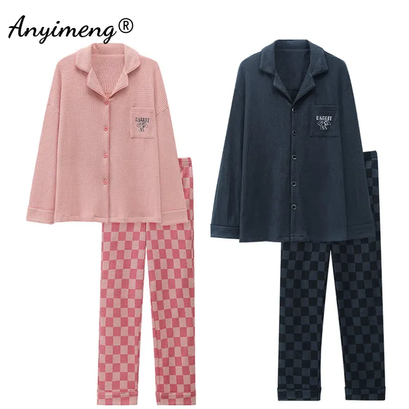 

New Spring Autumn His and Hers Pajamas Fashion Pijamas Long Sleeved Plaid Pants Women Home Suit Waffle Cotton Couple Sleepwear