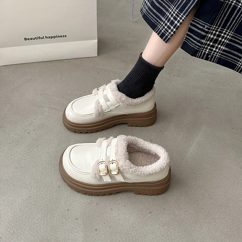 

Loafers Fur Round Toe British Style Womens Derby Shoes Casual Female Sneakers Shallow Mouth Flats Clogs Platform Preppy Leather
