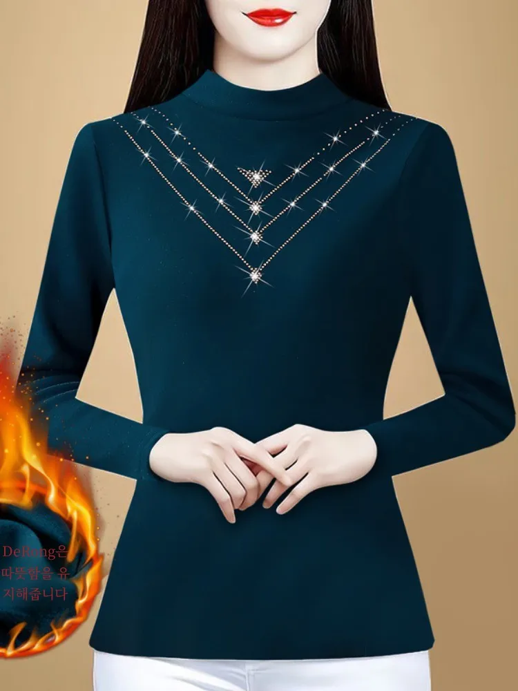 Ankela Red Hot Drilling Slim fit Женская нижняя рубашка Dralon 2024 новая осенняя с утолщенным низом