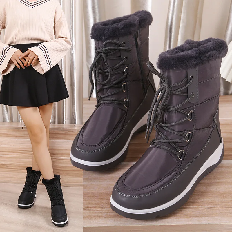 2022 New Women's Snow Boots Winter Cotton Boots Women's Shoes Mid-tube Plus Velvet Thick Warm Cotton Shoes Flat Lace Down Boots