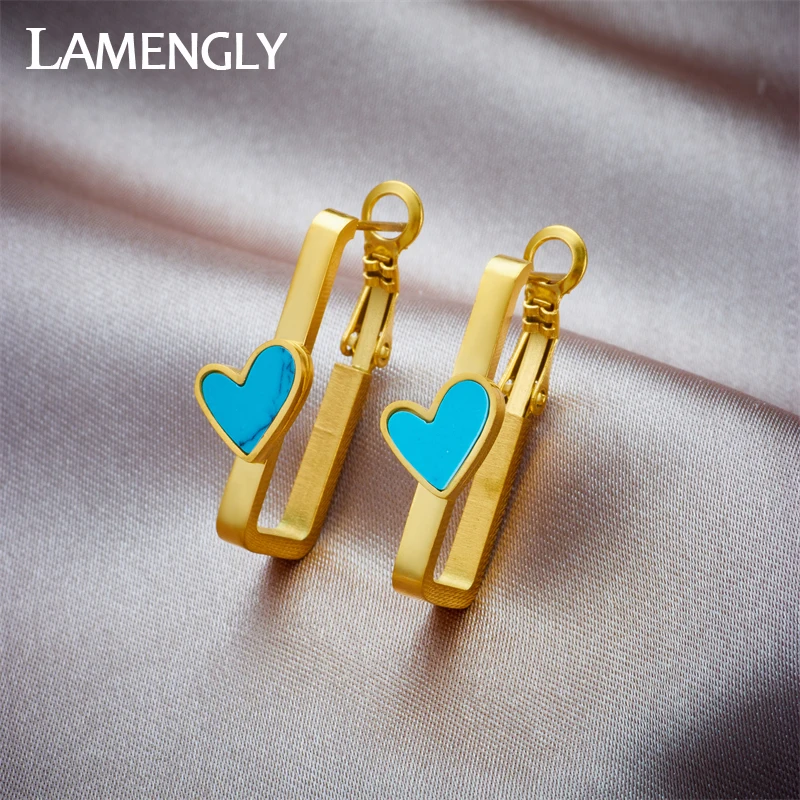 Серьги LAMENGLY из нержавеющей стали 316L с голубыми камнями в форме сердца для женщин