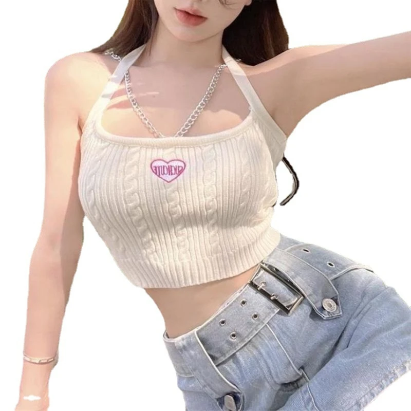 

Женский летний пикантный укороченный топ без рукавов с бретелькой через шею, мини-свитер с вышивкой в виде сердечек, жилет, Трикотажный жиле...