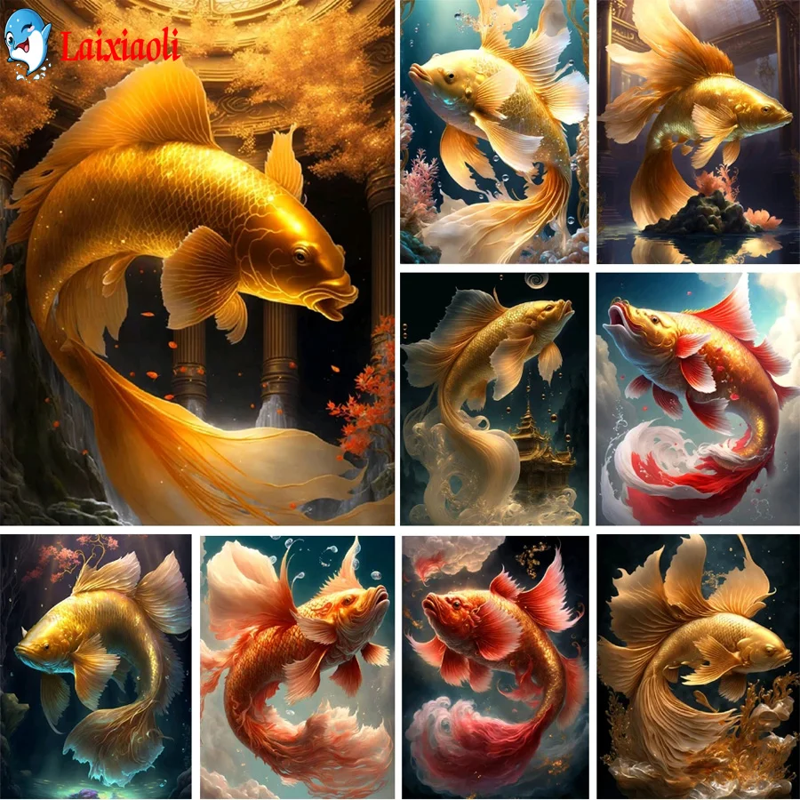 

Алмазная 5D картина Golden Koi Fish, вышивка крестиком «сделай сам», полноразмерная круглая мозаика, рисование благоприятной рыбы, Декор