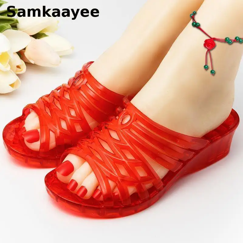 Шлепанцы женские на танкетке прозрачные сандалии нескользящей подошве пляжные