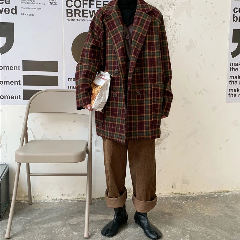 

2021 Autumn and Winter Korean Retro Plaid Thick Woolen Suit Jacket Women's Mid-length Casual Loose Long-sleeved Women's Clothing