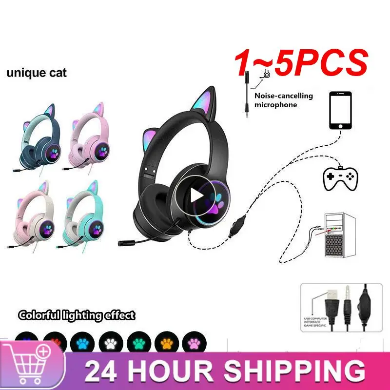 

1~5PCS Cat Ear Gaming Headphone LED Light Girl Gamer Wired Headset Stereo Game Cat Earphone PC Earbud with Mic for Tablet