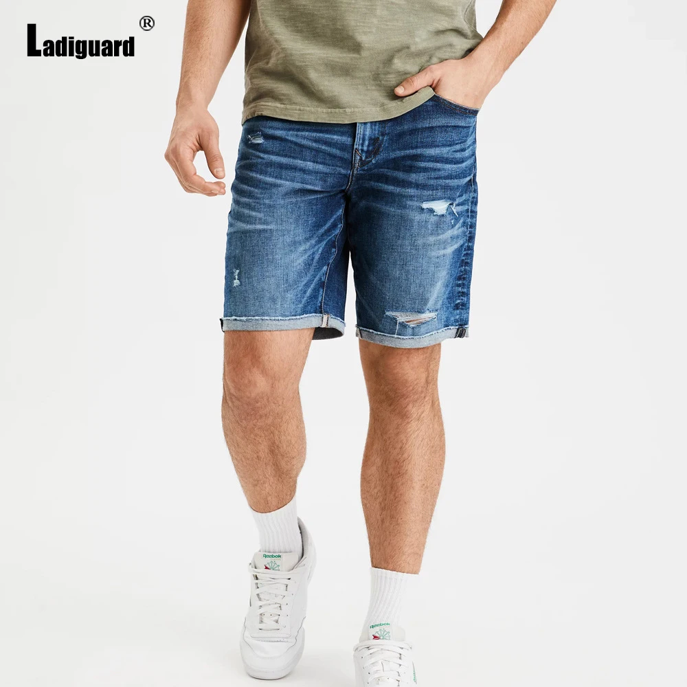 Ladiguard Plus Size Men Fashion Shorts Mid Waist Denim Short Bottom Men's Vintage Ripped Short Jeans 2022 Summer Casual Hotpants