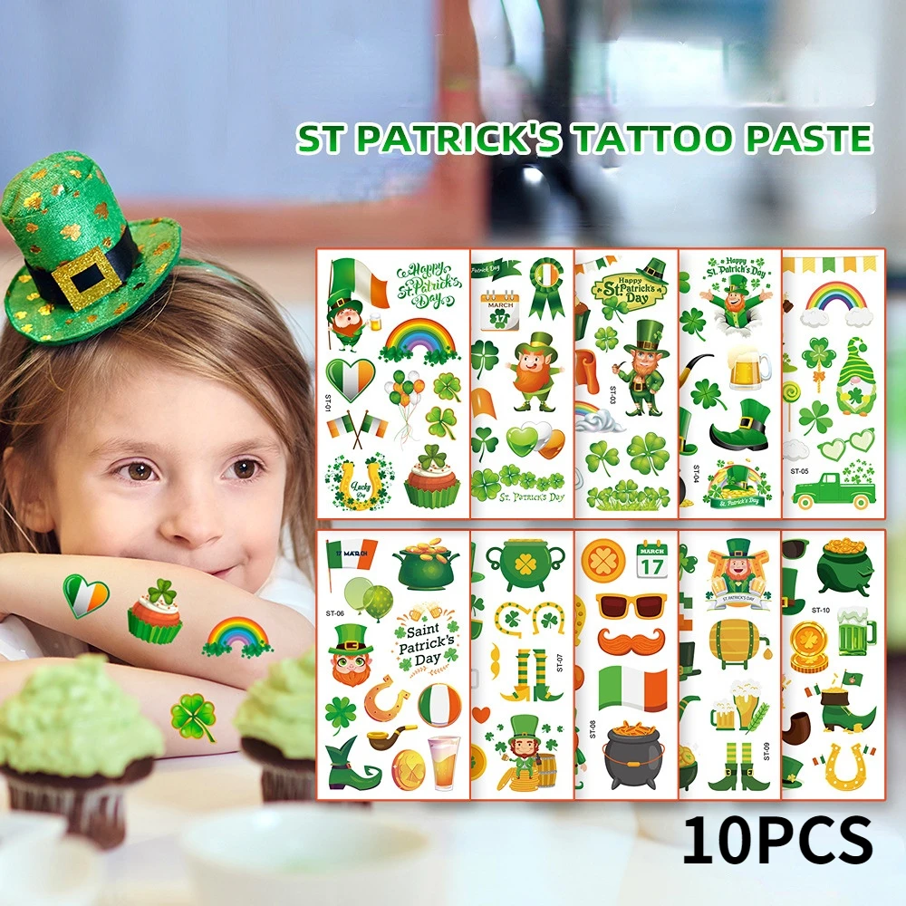 

10Pcs St. Patrick's Day Tattoo Shamrock Tattoos Saint Patricks Day Temporary Tattoos Stickers for Face Clover Tattoo