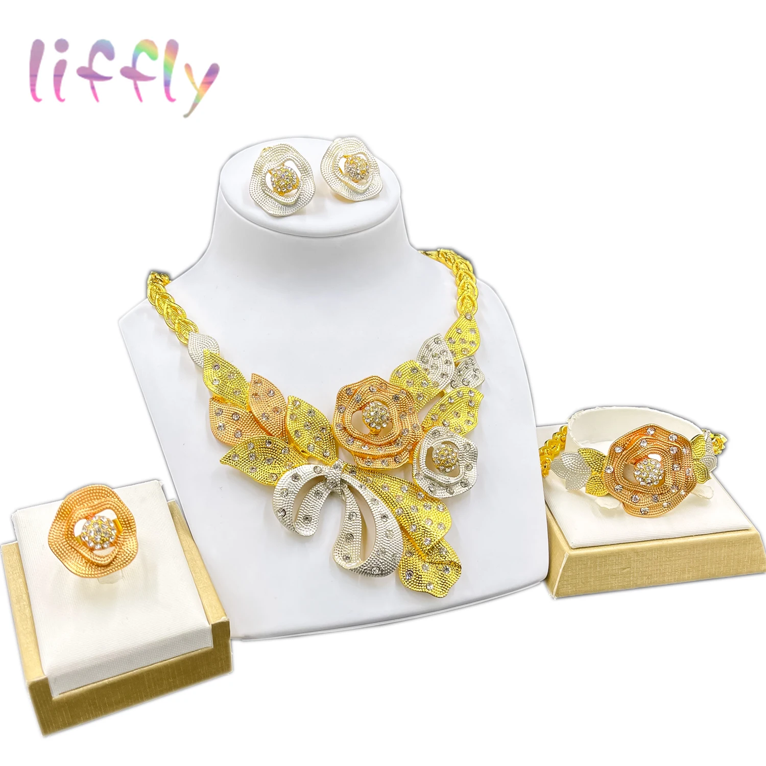 

Liffly Дубай цветное ожерелье классический кристалл браслет цветок серьги для женщин Кристалл кольцо очарование свадебные модные ювелирные н...