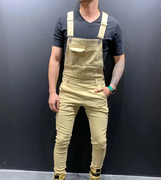 (10% Off 3 Pieces)【Free Shipping】Europe and The United States New Tie-dyed Jeans and Suspenders Slim Slim Men Solid Color Jeans