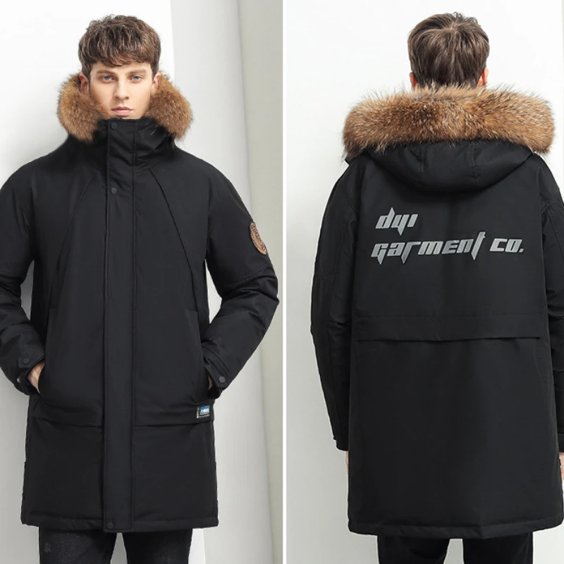 Мужской зимний пуховик с меховым воротником теплая парка средней длины для